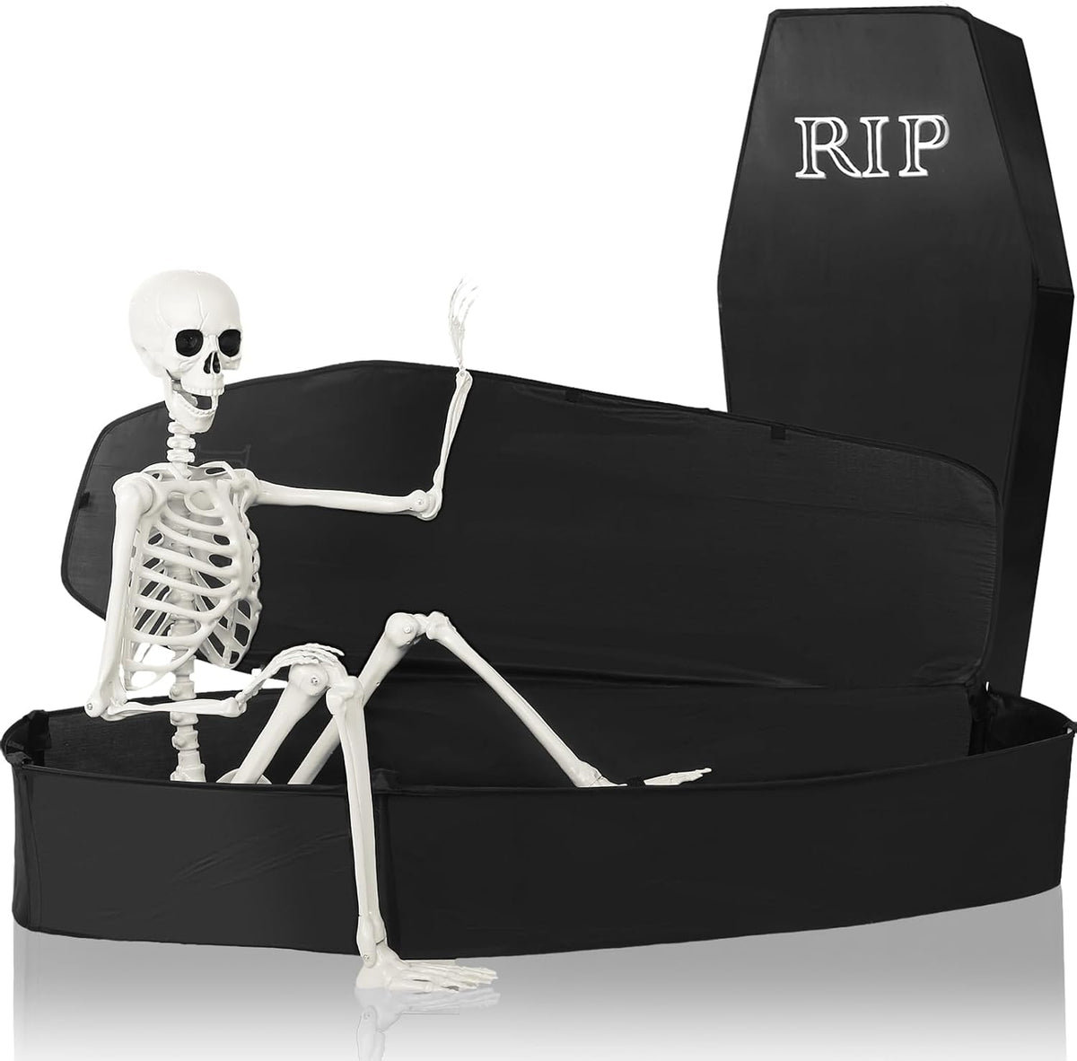 Seenelling Halloween Coffin with Skeleton Set,Black,Lifelike / Pop up 65" Life Size Skeleton, Collapsible