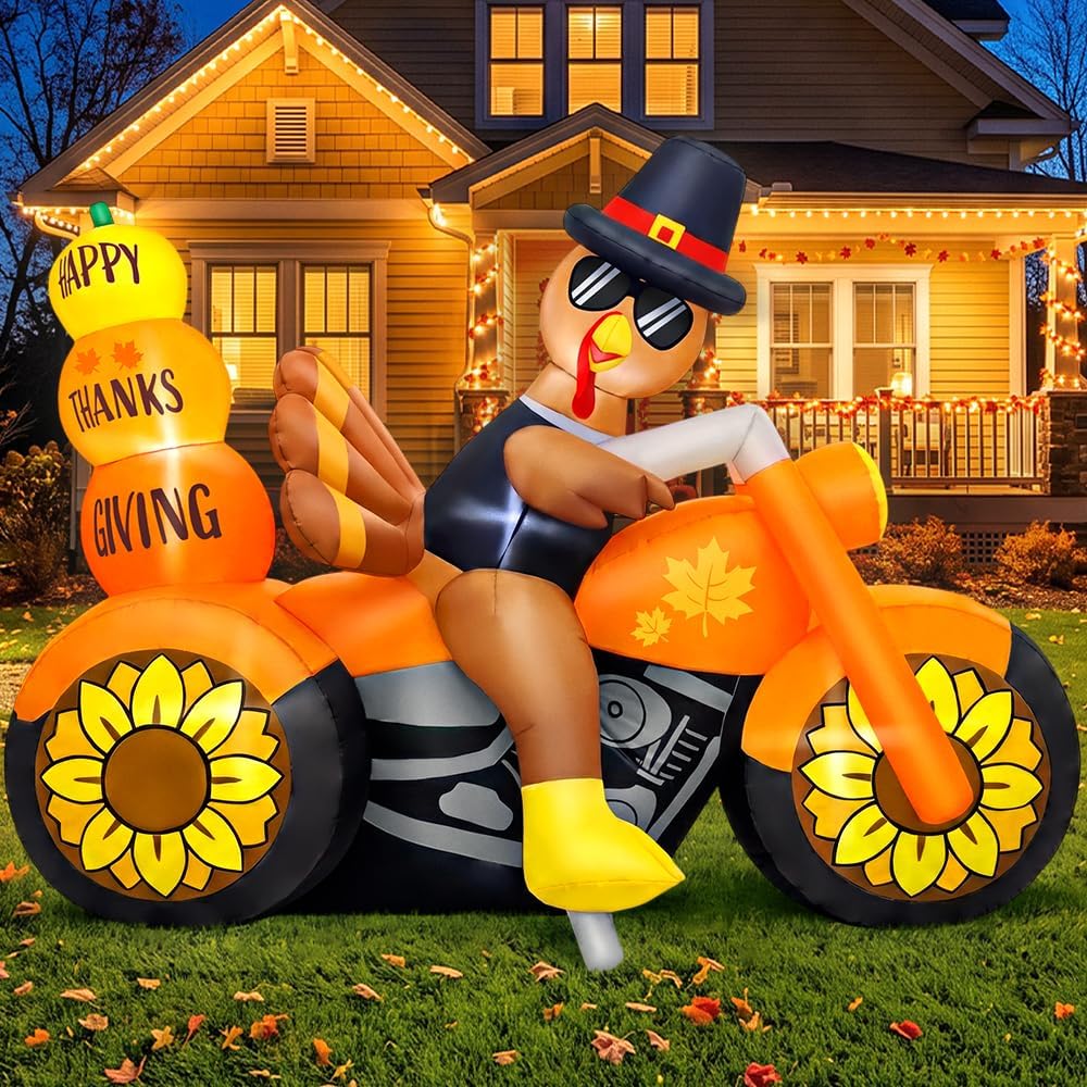 6.5FT Thanksgiving Inflatables Outdoor Decoration Inflatable Turkey Riding Motorcyle, Built in LED Lights