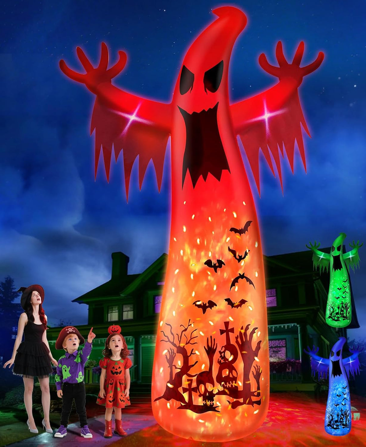 14 Ft Giant Halloween Inflatable Ghost Decorations Outdoor with Flame Light / 3 Colored Rotating Flame LED
