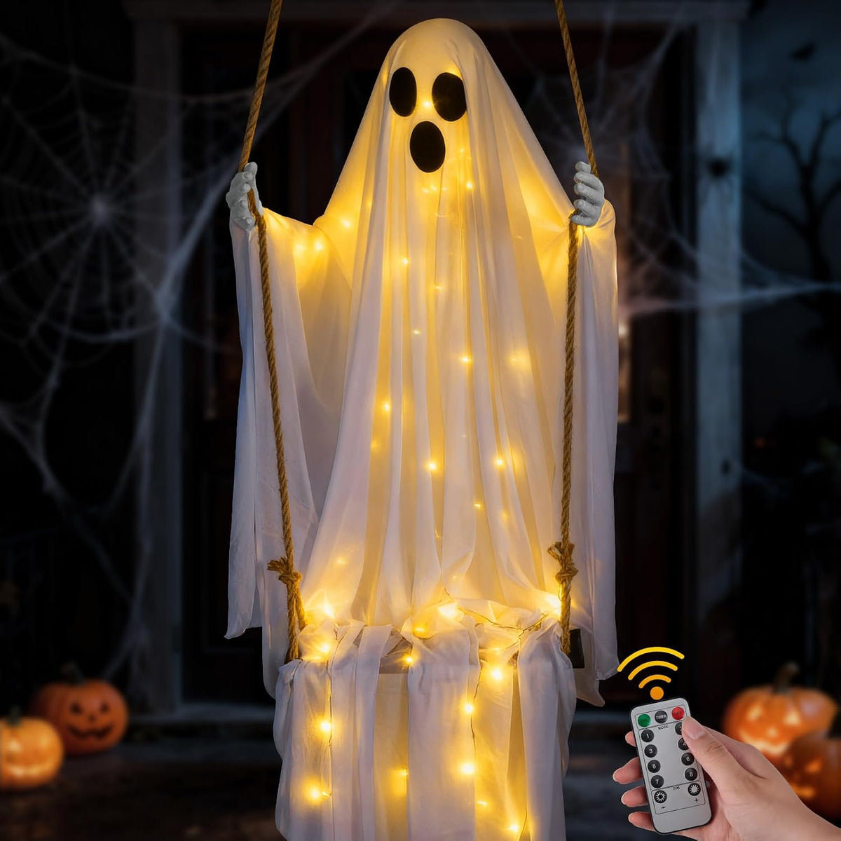 Halloween Decorations Outdoor,4.8FT Hanging Swing Ghost for Yard and Porch / 8 Modes & Timer,Spooky Lighted
