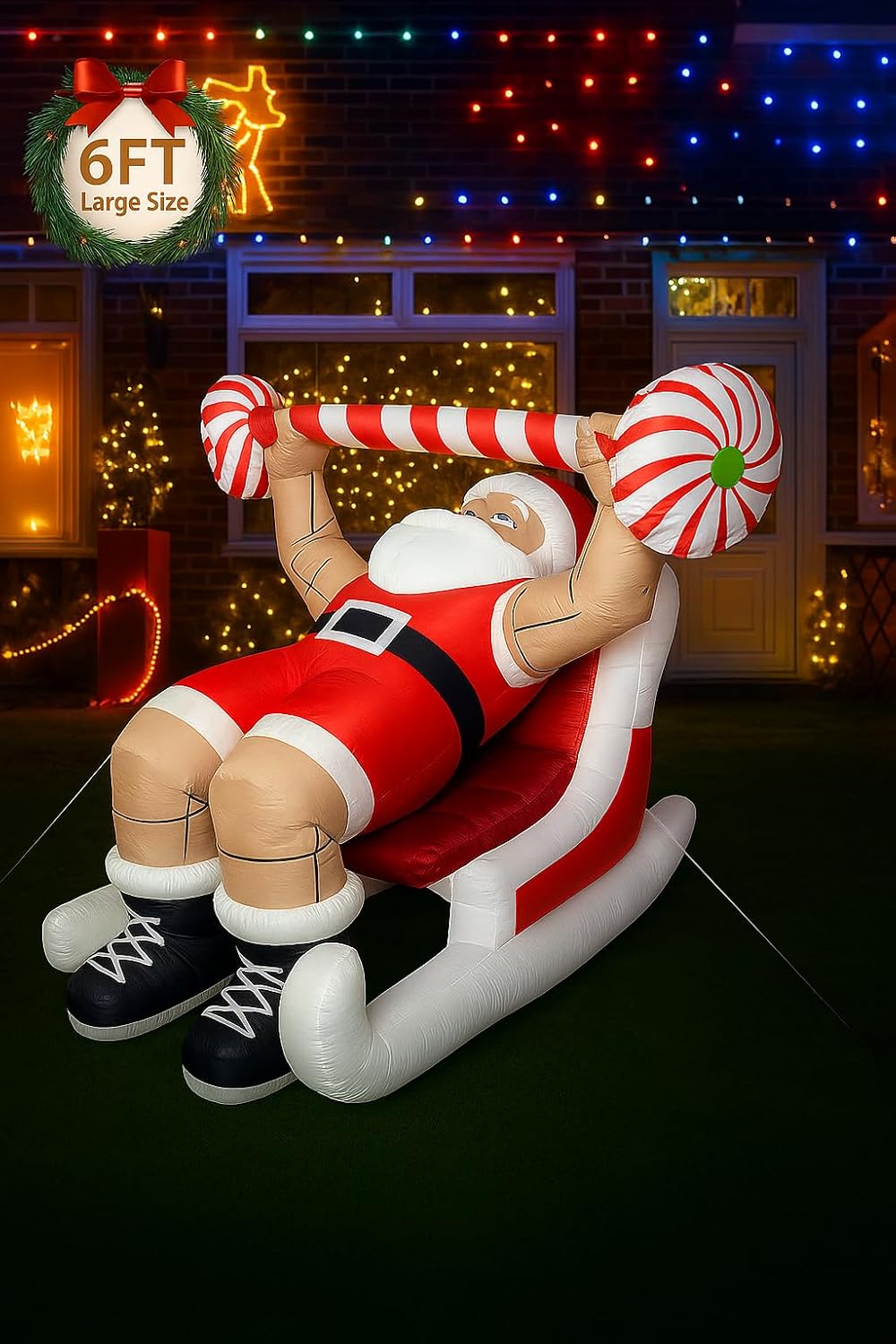 6FT Santa Bench Pressing on Sleigh Inflatable – Christmas Fitness Yard Decoration / Gym-Themed Holiday Santa