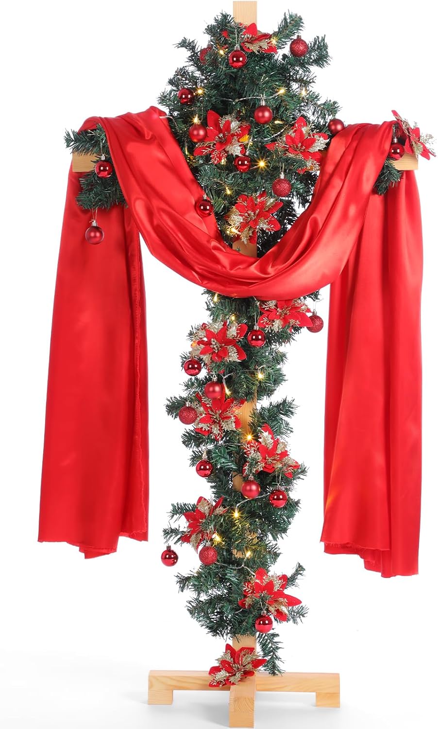 CroBlissful 5ft Christmas Cross Tree 12 Poinsettias Lights Scarf,Red / Wooden Standing Cross for Easter He Is