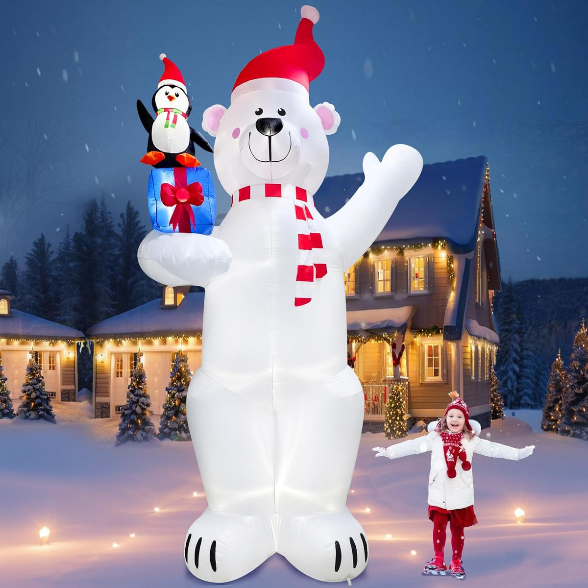 PARAYOYO 12.2FT Giant Christmas Inflatable Polar Bear & Penguin with Christmas Gift Box Decoration, Christmas