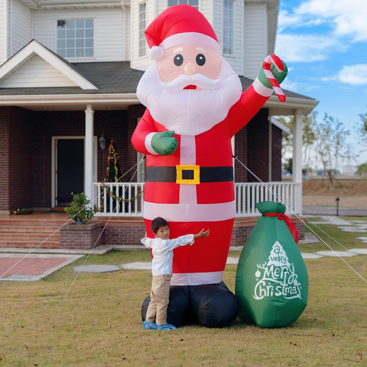 12FT Giant Christmas Blow Up Santa Claus Outdoor Decorations, with Cane Candy & Gift Bag, Built-in LED