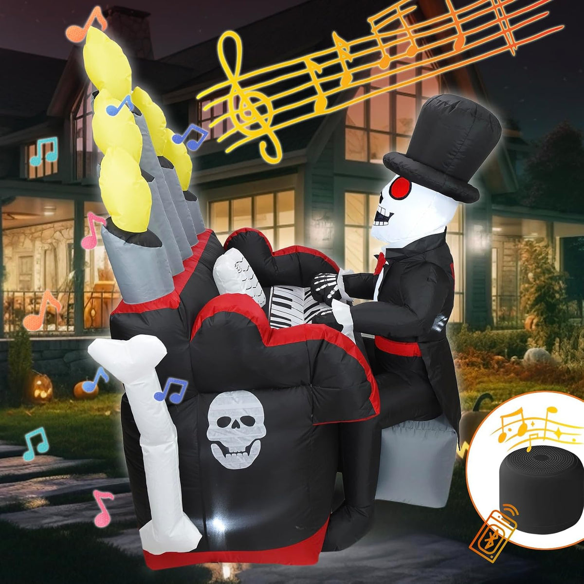 Bonus Bluetooth Speaker! 5.4x5.4FT Giant 3D Novelty Halloween Inflatable Skeleton Playing Piano with Build-...