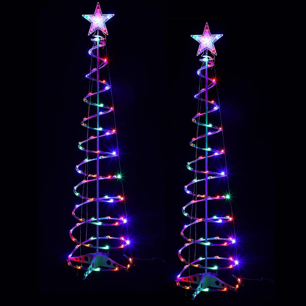 Macarrie 2 Pack 6 Ft Spiral Christmas Tree 125 LEDs Outdoor, Colorful / Plug in with Star Topper, Metal Cone