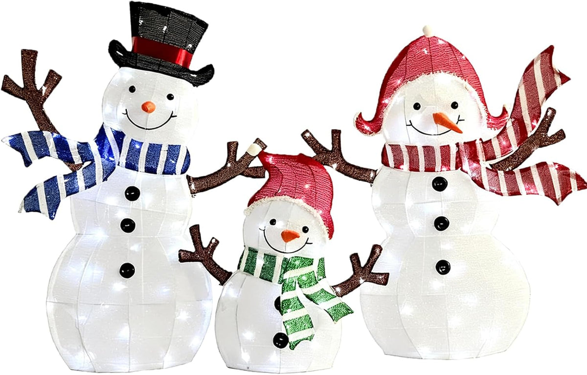 LED Snowman Family Christmas Outdoor Decoration, White Lighted Holiday Yard Display, Weather Resistant,