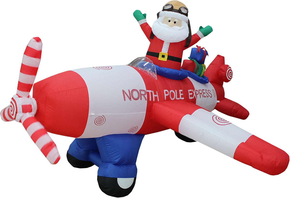 8 FT Animated Christmas Inflatable Santa Claus Flying Airplane / Outdoor Yard Blow Up Decoration, Bright LED