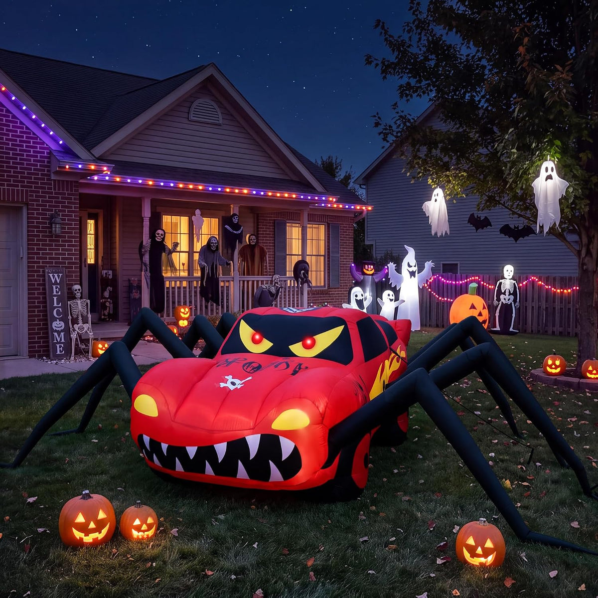 Super Giant Red 14.8FT Halloween Inflatables Spider Car Outdoor Decorations / Built in LED Lights,Blow Up