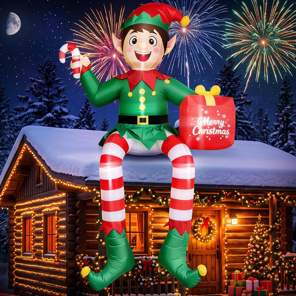 JOVIPOP 16FT Christmas Inflatable Elf Decoration for Outdoor Yard / Lighted Giant Elf Blow Up Yard Decor with
