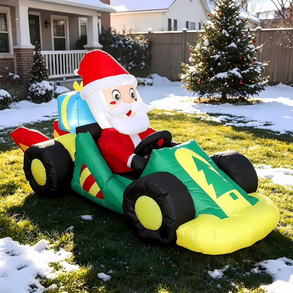 PIPIMOUSE 8 FT Christmas Inflatables Santa Driving Car Outdoor Decorations / Blow Up Santa Claus with LED