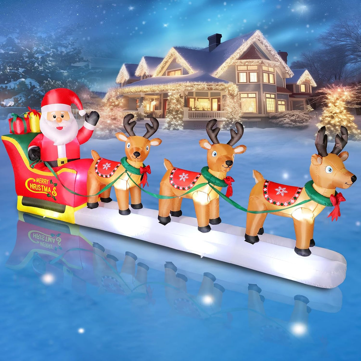 12FT Long Christmas Inflatables Santa Claus on Sleigh with 3 Reindeer Yard Decoration, Cute Blow Up Santa