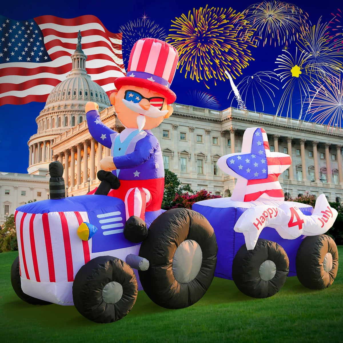 DomKom 6FT Patriotic Independence Day 4th of July Memorial Day Inflatable Outdoor Decoration, Uncle Sam Drive