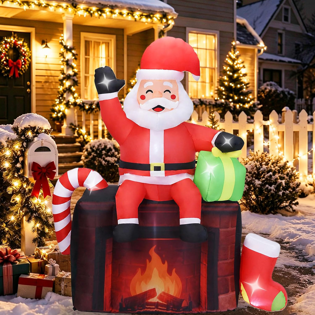 6 FT Christmas Inflatables Santa Claus Outdoor Decorations / Blow Up Santa on Fireplace with Built-in LED