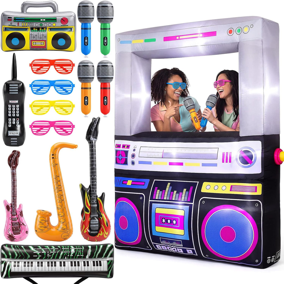 Jowwcen Inflatable Radio Boombox with LED 80s 90s Party Decorations Set / Giant 6x5 ft Speaker and Blower,