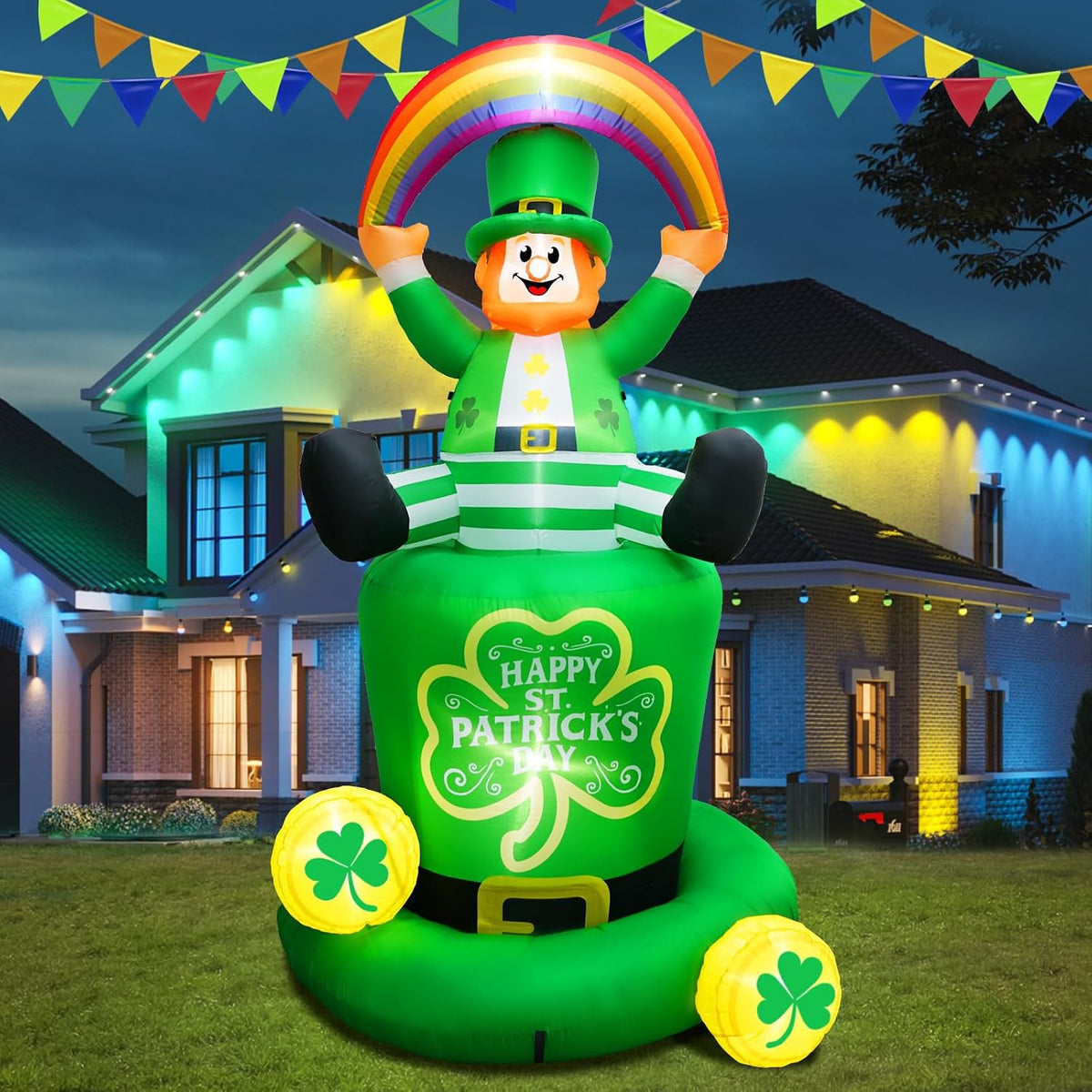 FaveHome 7.1FT St. Patricks Day Inflatables Leprechaun Holding Rainbow Sitting On the Shamrock Hat
